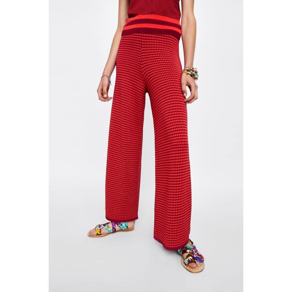 Zara Knit High Two Tone Print Flare Pants Red - Picture 1 of 13